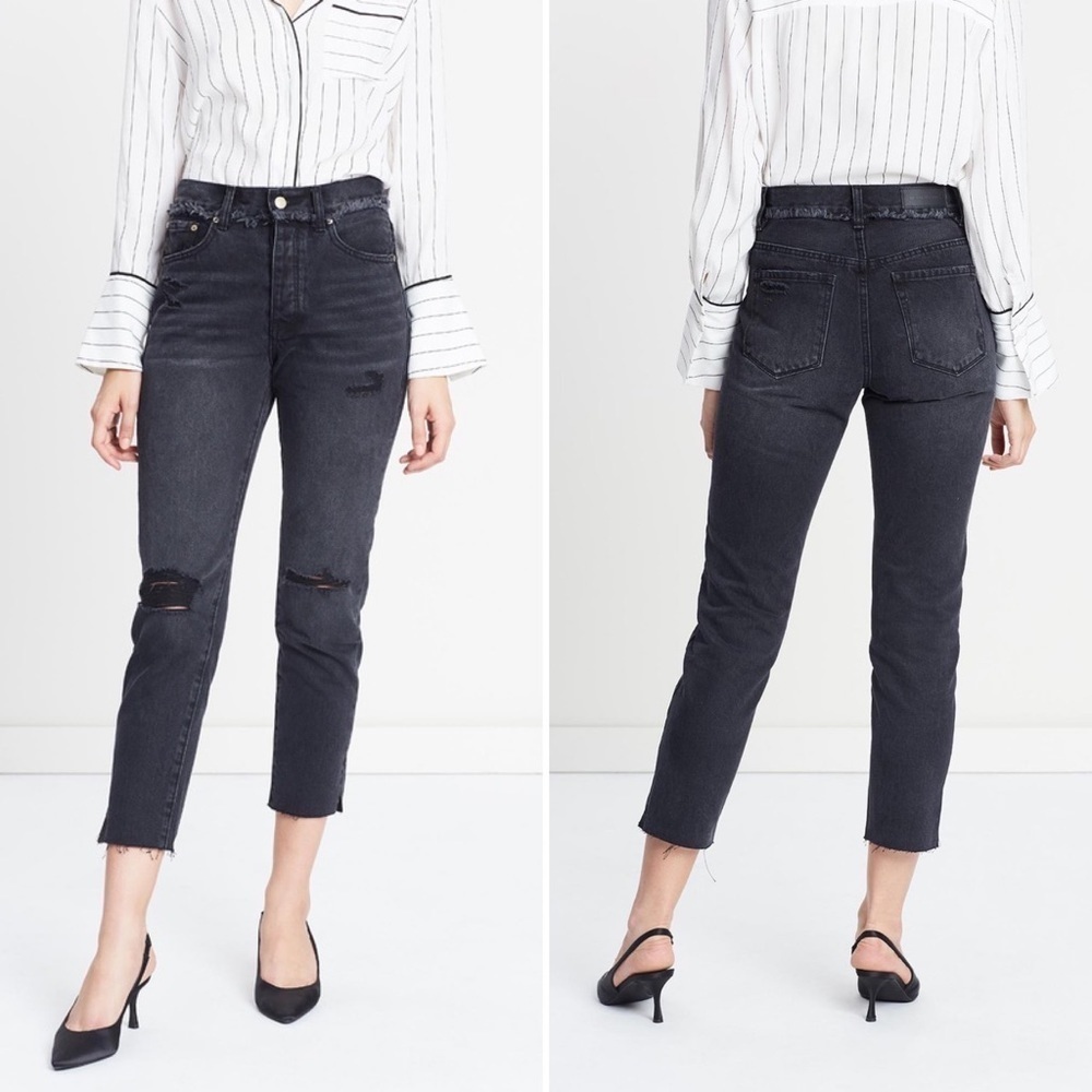 Neon Blonde Siren Mum Fit Distressed Crop Jeans in Washed Black